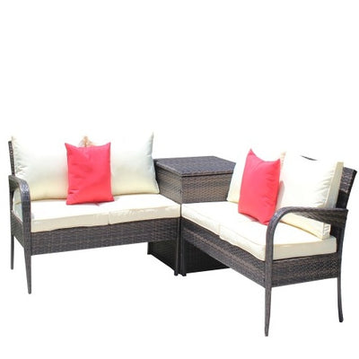 3 Piece Patio Sectional Wicker Rattan Outdoor Furniture Sofa Set With Storage Box Brown