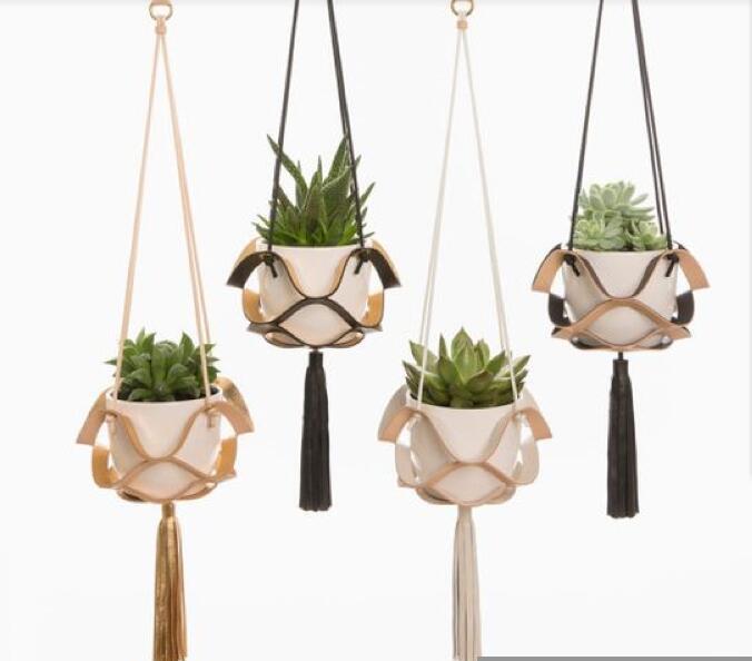 Leather Hanger Basket Macrame Wall Hanging Planter Shelf Decorative Flower Pot Holder Boho Home Decor for Small Plants