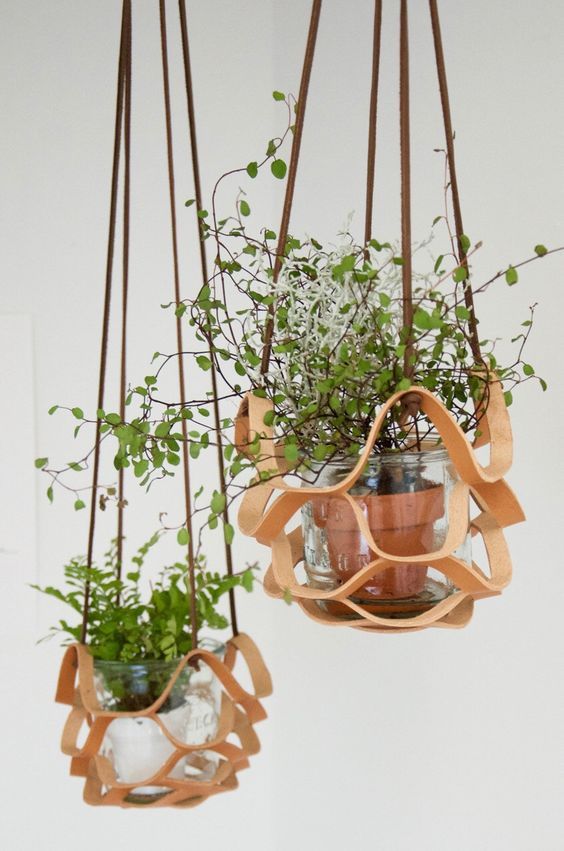 Leather Hanger Basket Macrame Wall Hanging Planter Shelf Decorative Flower Pot Holder Boho Home Decor for Small Plants