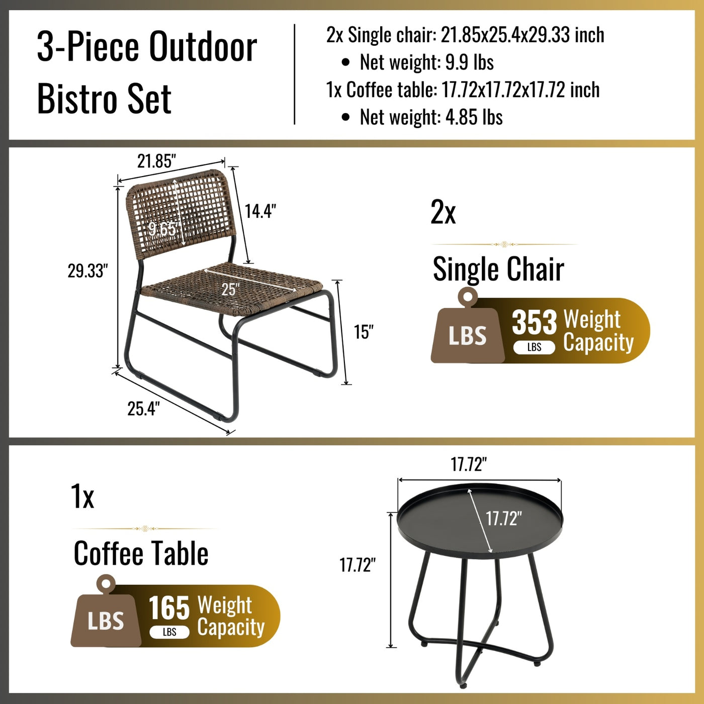 Patio Furniture Set 3 Piece Mixture Pattern PE Rattan Steel Frame And Modern Round Table, Brown And