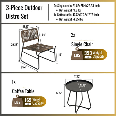 Patio Furniture Set 3 Piece Mixture Pattern PE Rattan Steel Frame And Modern Round Table, Brown And
