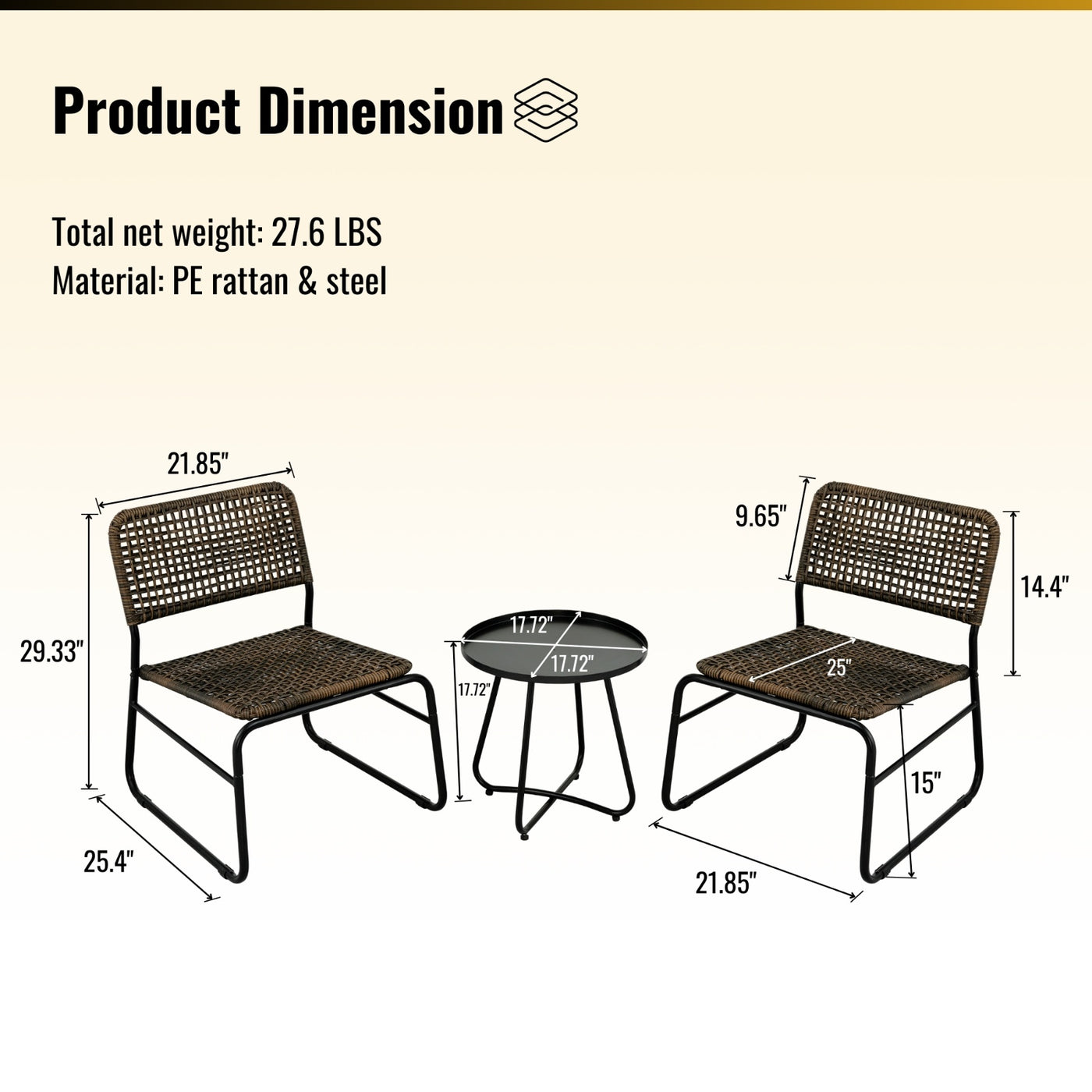 Patio Furniture Set 3 Piece Mixture Pattern PE Rattan Steel Frame And Modern Round Table, Brown And