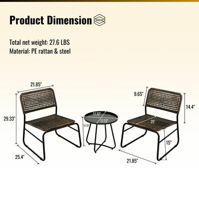 Patio Furniture Set 3 Piece Mixture Pattern PE Rattan Steel Frame And Modern Round Table, Brown And