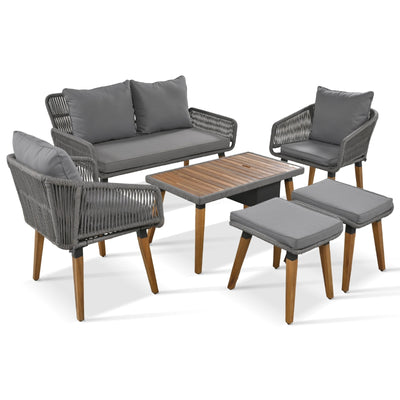 K&K 6-Piece Rope Patio Furniture Set, Outdoor Furniture With Acacia Wood Cool Bar Table With Ice Buc